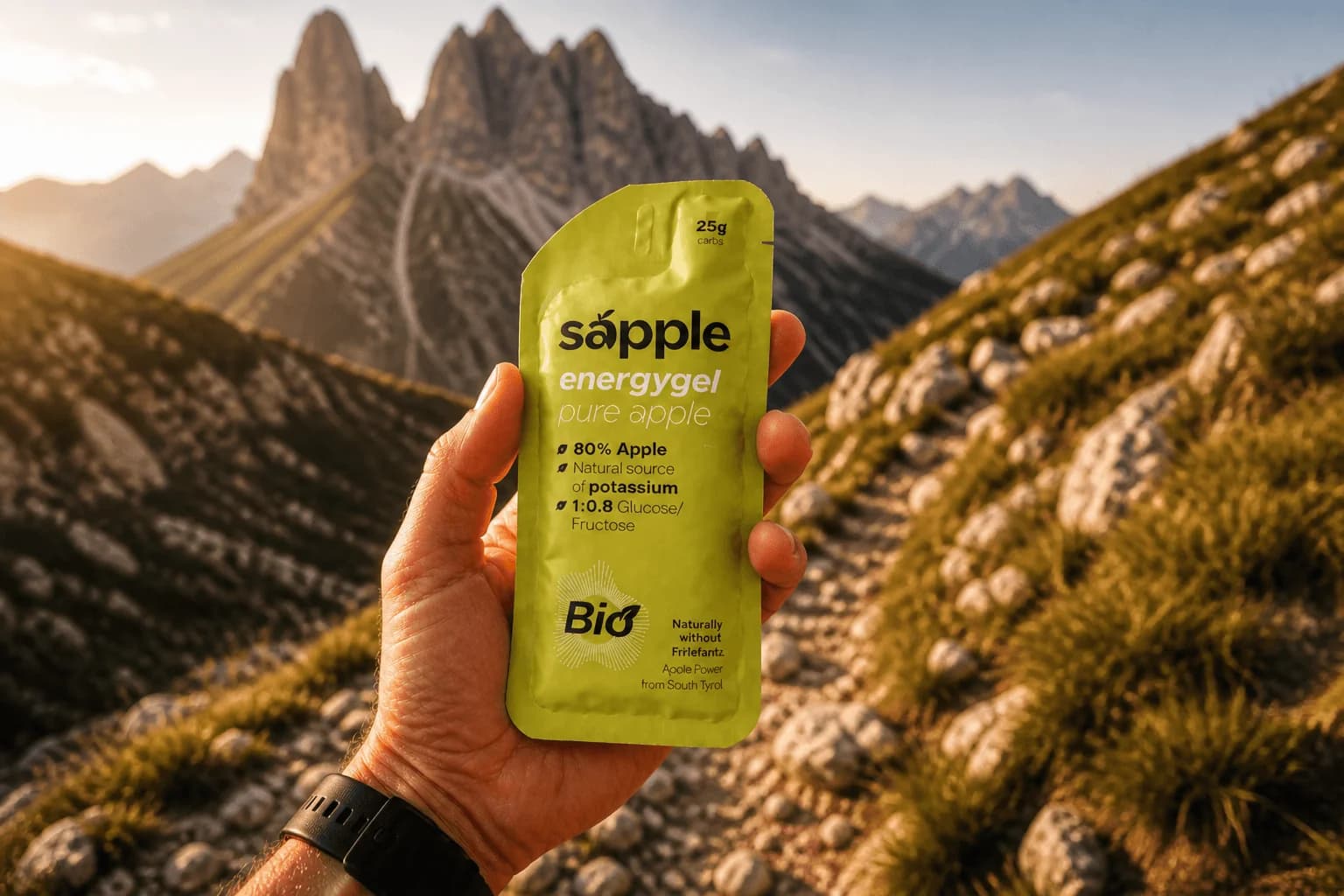 Gel Sapple Power in mano davanti allo scenario delle Dolomiti