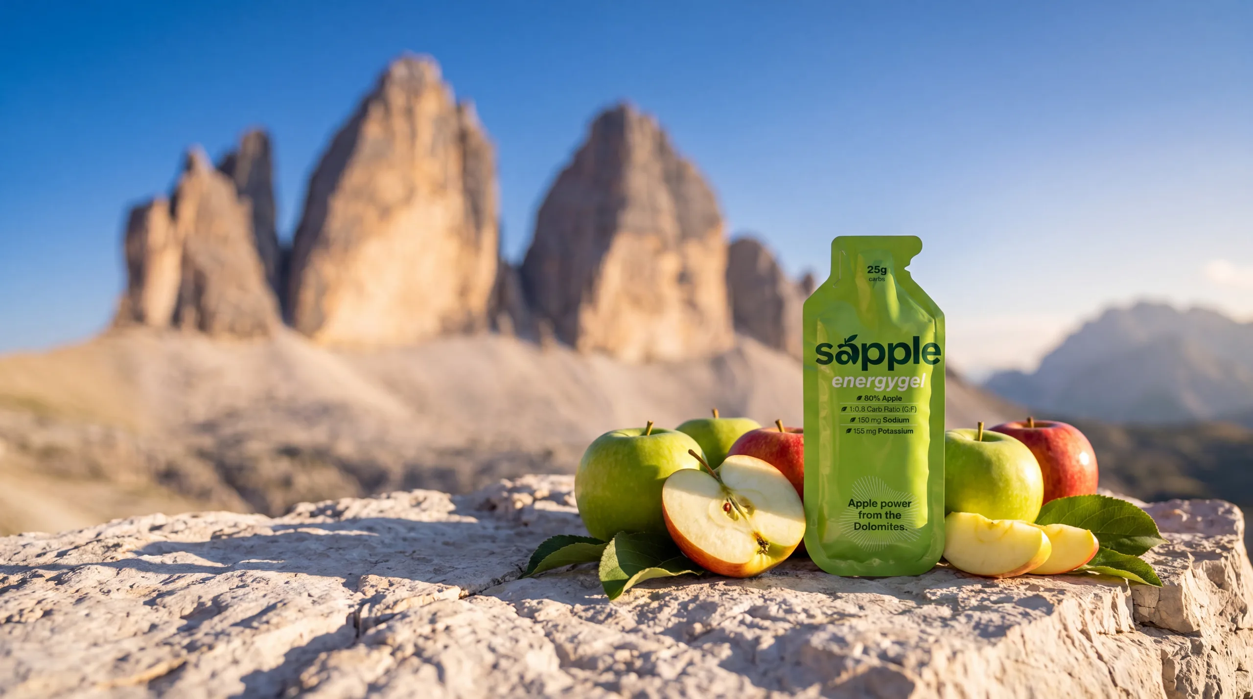 sapple Power Energy Gel mit frischen Äpfeln auf einem Felsen vor den Dolomiten